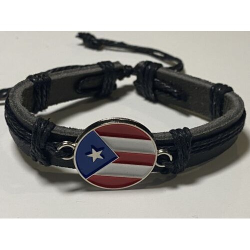 Puerto Rico Leather Bracelet With Round Flag Black Cultural Heritage Jewelry
